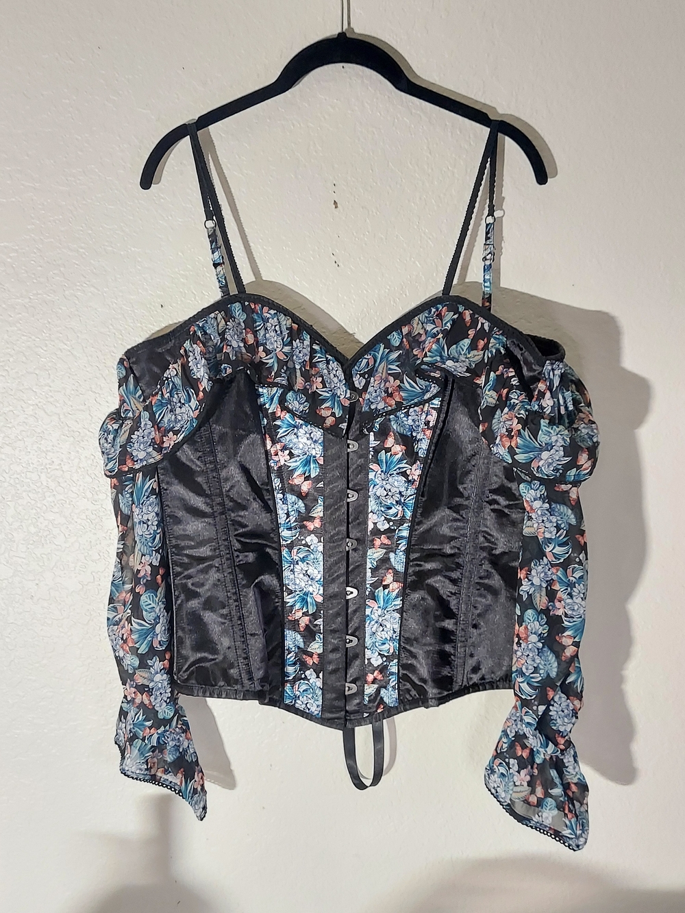 CORSET STORY Floral Black/Blue Cold Shoulder Sheer Sleeve Coset Top WM Sz UK 18